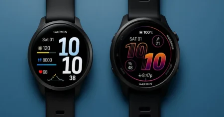 What are the Key Differences Between the Garmin Venu 4 and Forerunner 570? Side-by-side image of the Garmin Venu 4 and Garmin Forerunner 570 showing differences in watch faces, design, and display style for a comparison review.