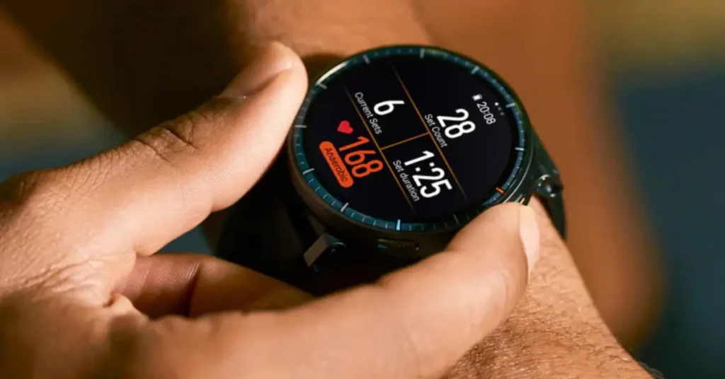 Close-up of the Amazfit Active Max 1.5-inch AMOLED display showing 3,000 nits brightness in direct sunlight.