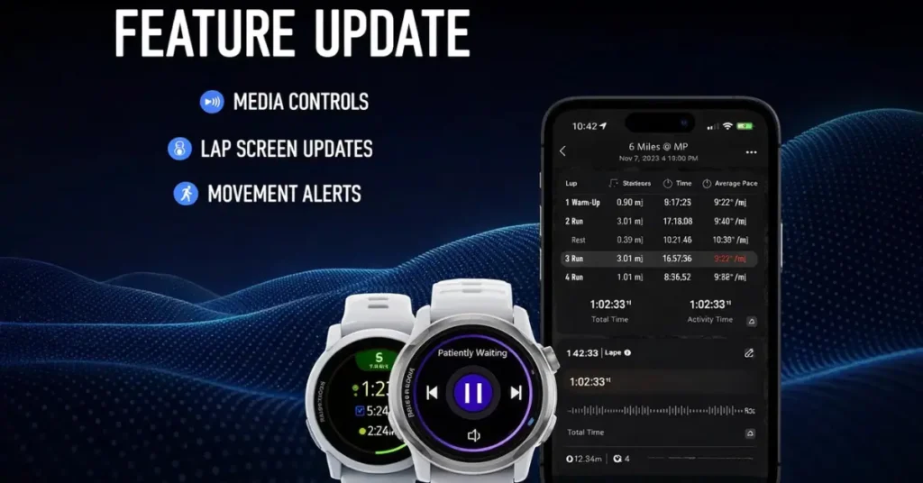 A close-up of a COROS watch displaying the December 2025 feature update announcement on a runner's wrist.
