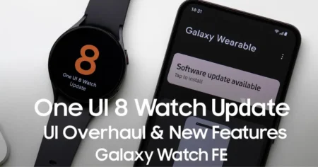 A Samsung Galaxy Watch FE displaying the new One UI 8 Watch Update screen, sitting next to a smartphone showing the software update notification on the Galaxy Wearable app.