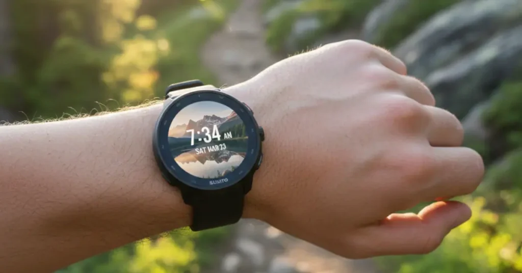 Close-up of a runner's wrist wearing a Suunto Run watch on a sunny forest trail. The watch face is customized with a high-quality photo of a mountain and lake landscape, demonstrating the new custom photo shield feature from the 3.22.24 update.