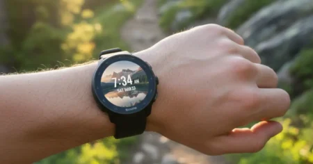 Close-up of a runner's wrist wearing a Suunto Run watch on a sunny forest trail. The watch face is customized with a high-quality photo of a mountain and lake landscape, demonstrating the new custom photo shield feature from the 3.22.24 update.