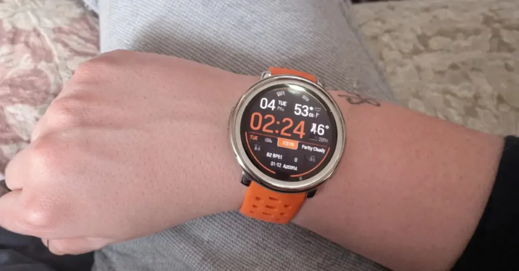 Amazfit Active 2 fitness watch worn during outdoor run, AMOLED display visible in bright sunlight