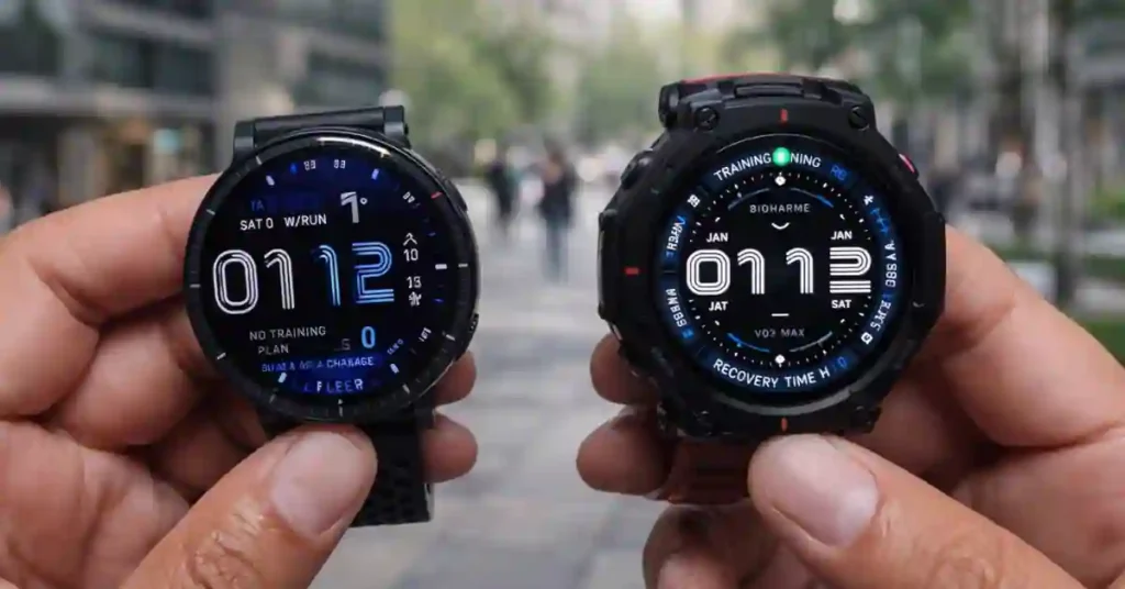 Side-by-side view of Amazfit Active Max vs Active 2 worn outdoors with different screen sizes
