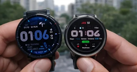 Amazfit Active Max and Amazfit Active 2 side by side showing size and display differences