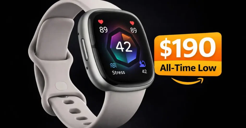 Fitbit Sense 2 smartwatch on sale for $190 showing heart rate and stress tracking on the display