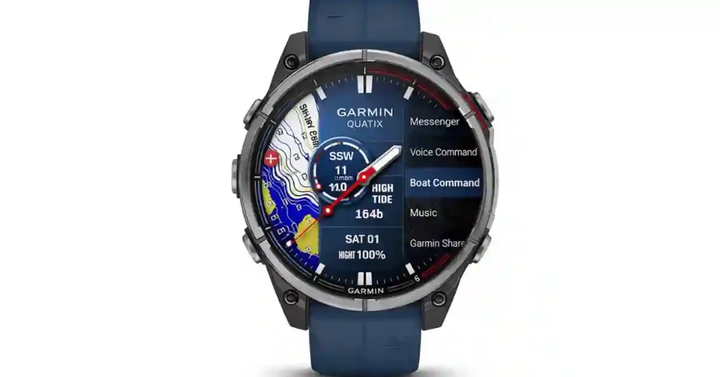 Side view of quatix 8 Pro highlighting leakproof inductive buttons and titanium casing.