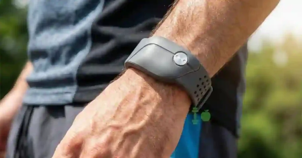 Screenless Zepp Emotion Band prototype worn on wrist, designed for emotion and mental health tracking