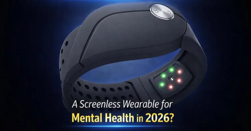 Zepp Health’s rumored screenless Emotion Band worn on the wrist, featuring a metallic sensor module designed for emotion and mental health tracking in 2026