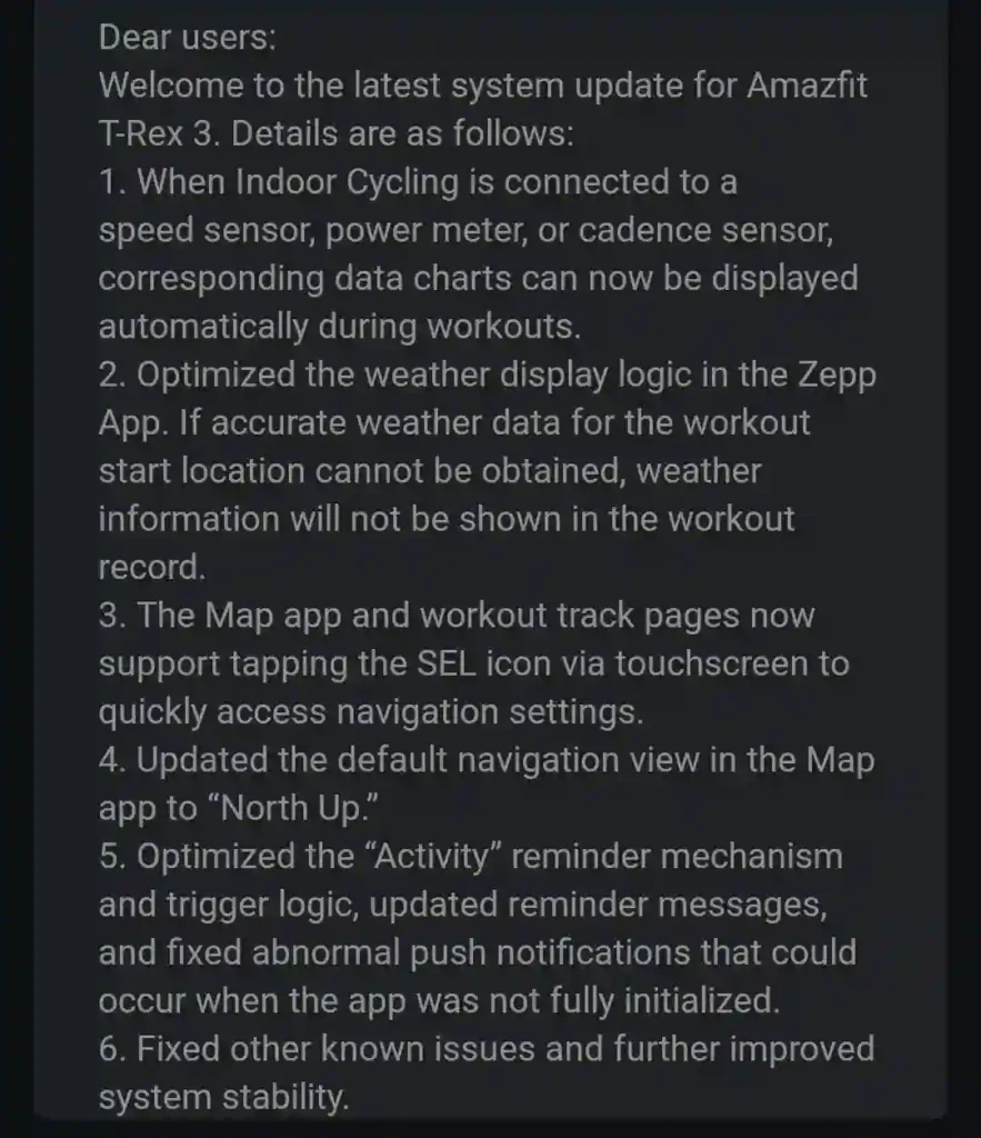 Amazfit T-Rex 3 smartwatch showing indoor cycling workout charts and map navigation after firmware 4.4.2.3 update