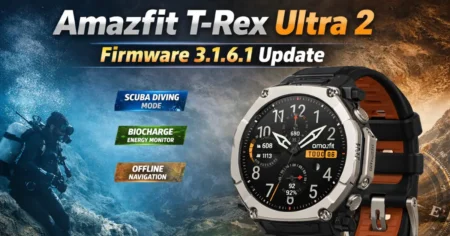 Amazfit T-Rex Ultra 2 smartwatch showing firmware 3.1.6.1 update with diving mode, BioCharge and offline navigation features