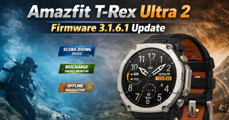 Amazfit T-Rex Ultra 2 smartwatch showing firmware 3.1.6.1 update with diving mode, BioCharge and offline navigation features