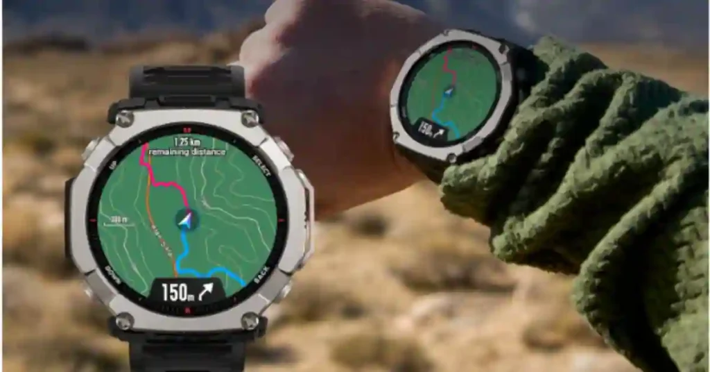 Amazfit T-Rex Ultra 2 displaying offline maps and dual-band GNSS navigation features