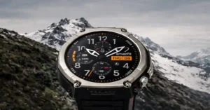 Close-up of Amazfit T-Rex Ultra 2 titanium case and fiber-reinforced polymer build details.