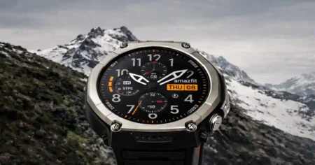 Close-up of Amazfit T-Rex Ultra 2 titanium case and fiber-reinforced polymer build details.