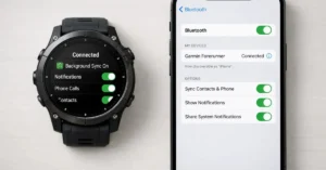Garmin smartwatch syncing in the background with an iPhone through iOS Bluetooth settings in the EU