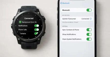 Garmin smartwatch syncing in the background with an iPhone through iOS Bluetooth settings in the EU