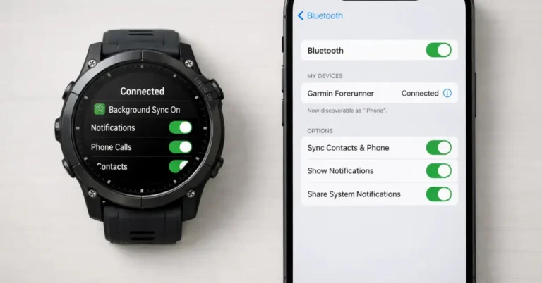 Garmin smartwatch syncing in the background with an iPhone through iOS Bluetooth settings in the EU