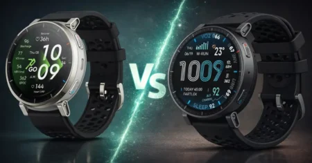 Side-by-side comparison of the Amazfit Active 3 Premium in Apex Silver and the Amazfit Active Max in Black, showing the 45mm vs 48.5mm case sizes.