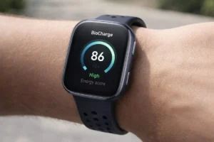 Close-up of Amazfit Bip 6 smartwatch showing the new BioCharge interface at 78 percent with activity and sleep icons.
