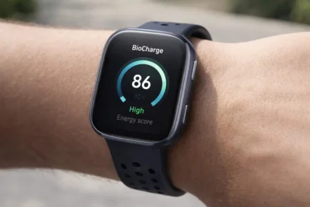 Close-up of Amazfit Bip 6 smartwatch showing the new BioCharge interface at 78 percent with activity and sleep icons.