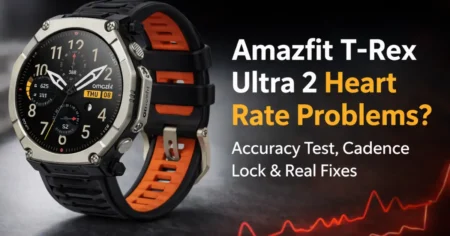 Amazfit T-Rex Ultra 2 rugged smartwatch with black and orange strap showing analog watch face during heart rate accuracy testing