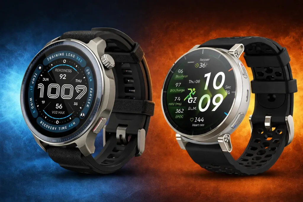 Amazfit Active 3 Premium vs Amazfit Balance 2 comparison showing design, display, and price differences between the two Amazfit smartwatches