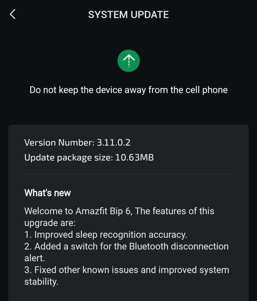 Amazfit Bip 6 Gets Bluetooth Disconnection Alerts — Firmware 3.11.0.2 Everything New 1 Amazfit Bip 6 firmware 3.11.0.2 update screen showing Bluetooth disconnection alert and sleep tracking improvements