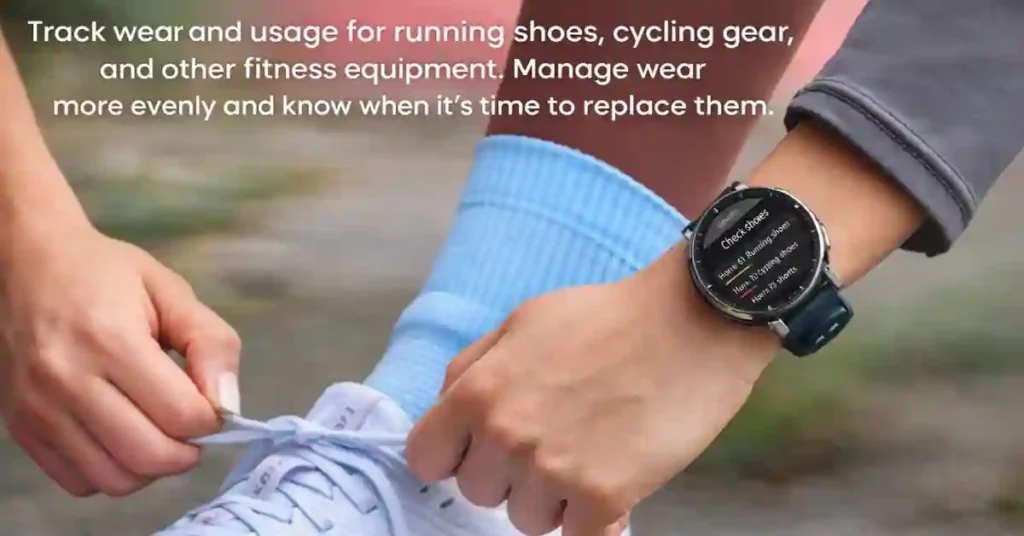 A runner lacing up shoes while wearing an Amazfit Active 3 Premium displaying the new Gear Management feature for tracking equipment wear.