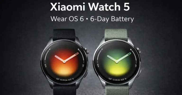 Xiaomi Watch 5 global version in Juniper Green and Black colors featuring Wear OS 6 and a 1.54-inch AMOLED display.