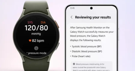 Galaxy Watch showing blood pressure reading using Samsung Health Monitor app in the United States