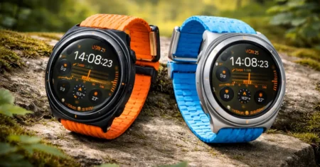 Samsung Galaxy Watch Ultra 2 showing two models with 5G and non-5G variants in an outdoor setting