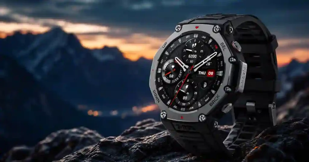 Amazfit T-Rex 3 smartwatch review 
— rugged outdoor GPS watch on 
mountain rocks at sunset