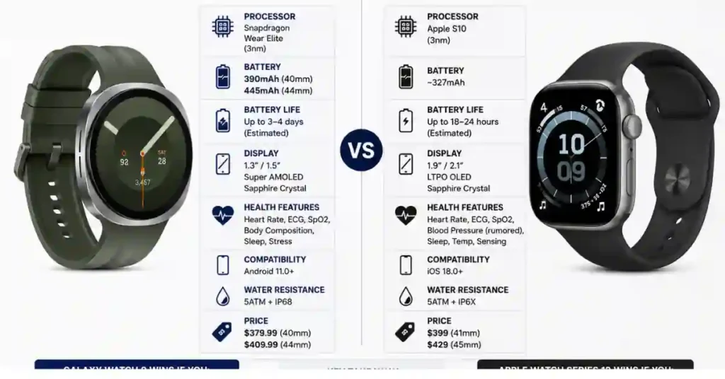 Galaxy Watch 9 vs Apple Watch Series 12 (2026): Which One Should You Actually Buy? 2 Close-up comparison of Galaxy Watch 9's squircle case and Apple Watch Series 12's rectangular design