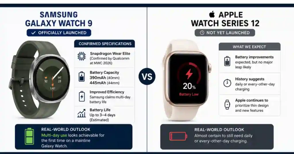 Galaxy Watch 9 vs Apple Watch Series 12 (2026): Which One Should You Actually Buy? 5 Bar chart comparing Galaxy Watch 9's confirmed battery capacity against Apple Watch Series 12's expected battery life