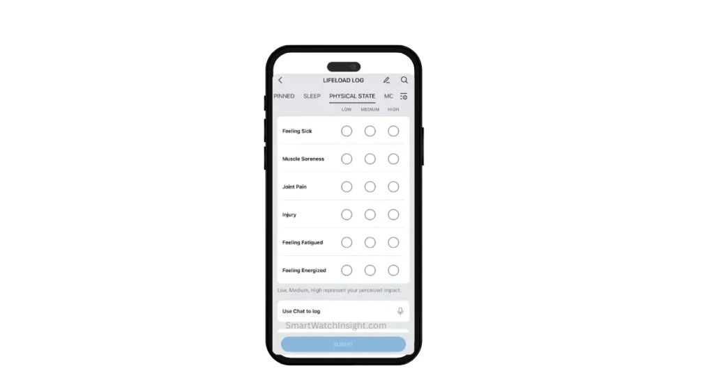 Zepp App HybridCharge Explained: What Is LifeLoad & How to Use It? 4 Zepp App LifeLoad physical state logging screen with manual tags and voice chat input option