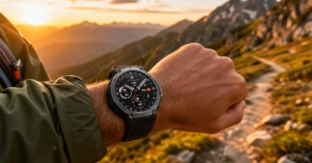Amazfit T-Rex 3 Review (2026): Better Than Garmin Instinct 3 at Half the Price? Amazfit T-Rex 3 worn on wrist during mountain hiking trail at sunset — 6 week review