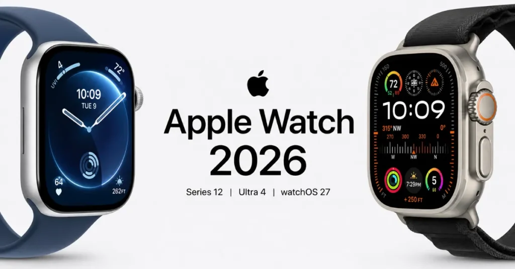 Preview of the 2026 Apple Watch lineup showing the rumored Series 12 design and Ultra 4 titanium chassis side-by-side.