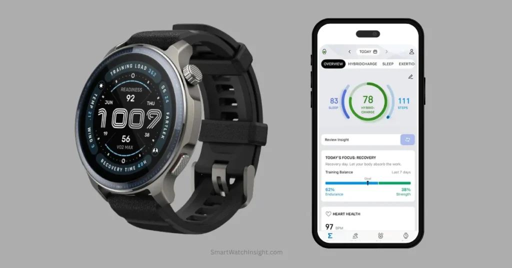 Zepp App HybridCharge Explained: What Is LifeLoad & How to Use It? Premium smartwatch showcasing recovery metrics alongside the new Zepp App HybridCharge dashboard UI
