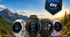 Garmin GPS watches displayed outdoors with Prime Day 2026 promotion, featuring popular Garmin smartwatches for running, fitness tracking, hiking, and outdoor adventures.