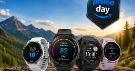 Best Garmin GPS Watch Deals — Prime Day 2026 (June 23–26) Garmin GPS watches displayed outdoors with Prime Day 2026 promotion, featuring popular Garmin smartwatches for running, fitness tracking, hiking, and outdoor adventures.