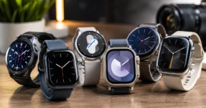 A collection of upcoming smartwatches for 2026 displayed on a wooden desk, featuring premium round and square smartwatch designs in a realistic studio setting.