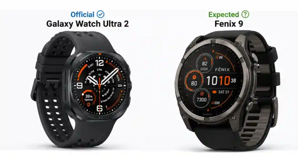 Garmin Fenix 9 vs Samsung Galaxy Watch Ultra 2 (2026): Which One Actually Wins? 2 Comparison graphic showing Samsung Galaxy Watch Ultra 2 as official and Garmin Fenix 9 as an expected upcoming smartwatch.