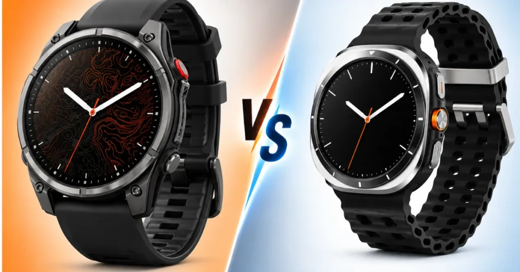 Side-by-side comparison of Garmin Fenix 9 and Samsung Galaxy Watch Ultra 2 smartwatches on a rugged background.