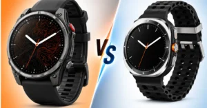 Side-by-side comparison of Garmin Fenix 9 and Samsung Galaxy Watch Ultra 2 smartwatches on a rugged background.