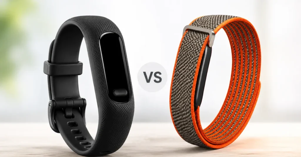 Side-by-side comparison of the Garmin Vivosmart 6 and Fitbit Air fitness trackers showing their design differences in a 2026 buying guide.