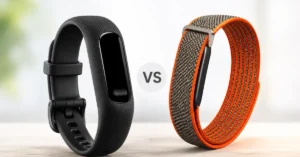 Side-by-side comparison of the Garmin Vivosmart 6 and Fitbit Air fitness trackers showing their design differences in a 2026 buying guide.