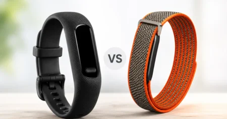 Side-by-side comparison of the Garmin Vivosmart 6 and Fitbit Air fitness trackers showing their design differences in a 2026 buying guide.
