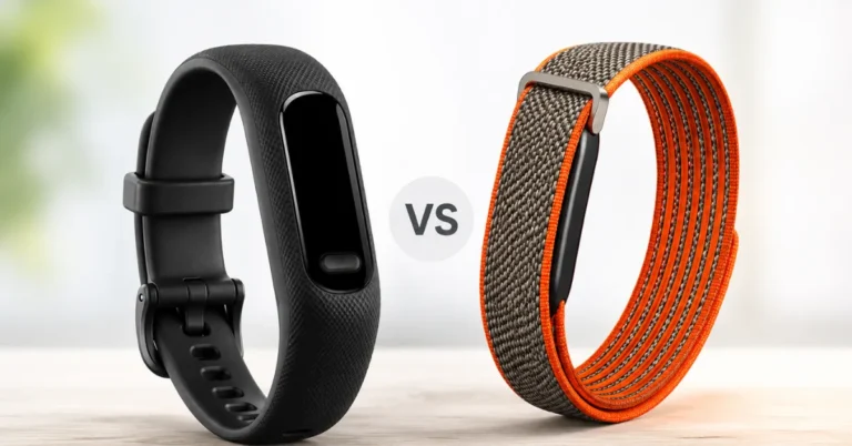 Side-by-side comparison of the Garmin Vivosmart 6 and Fitbit Air fitness trackers showing their design differences in a 2026 buying guide.