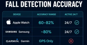 Fall detection accuracy comparison table — Apple Watch 60-82%, Samsung 80%, Garmin GPS only with 24/7 status
